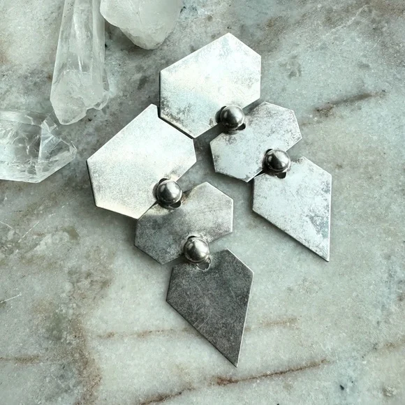 Vintage Silver Geometric Modernist Statement Drop Earrings - Picture 5 of 6